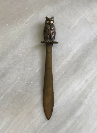 Great Antique Solid Bronze Figural Owl Letter Opener Glass Eyes