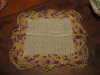 Pretty Vintage Hand Crochet Square Off White With Purple Yellow Doily Or Scarve