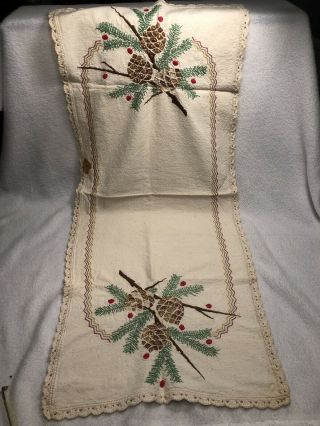 Vintage Muslin Hand - Embroidered Table Runner/dresser Scarf Christmas Pinecones