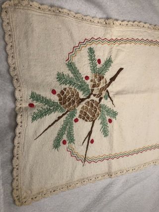 Vintage Muslin Hand - Embroidered Table Runner/Dresser Scarf Christmas Pinecones 2