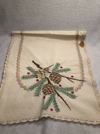 Vintage Muslin Hand - Embroidered Table Runner/Dresser Scarf Christmas Pinecones 4