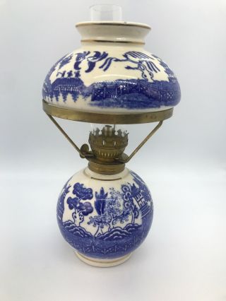 Vintage Miniature Oil Lamp Blue Willow Pattern Japanese Porcelain Student Lamp