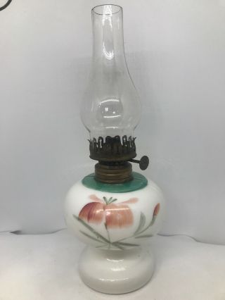 Antique Miniature Oil Lamp Hand Painted P&a Hornet Burner Milk Glass