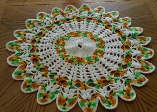 Large Vtg Multi Color Hand Crochet Doily Green,  Yellow,  Orange & White