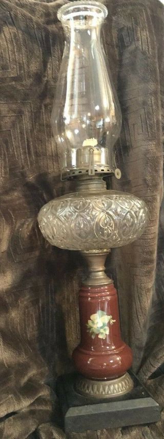 Antique Tall Oil Lamp With Pottery Stem /crystal Font/iron Base