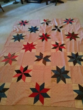 Vintage Quilt Top Star Patten Hand Stitched Some Feedsack