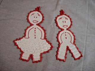 Vintage Hand Crochet Red & White Pot Holders - - Unusual Design - - Woman & Man