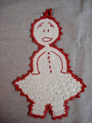 Vintage Hand Crochet Red & White Pot Holders - - UNUSUAL DESIGN - - WOMAN & MAN 2