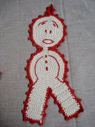 Vintage Hand Crochet Red & White Pot Holders - - UNUSUAL DESIGN - - WOMAN & MAN 3