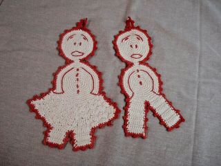 Vintage Hand Crochet Red & White Pot Holders - - UNUSUAL DESIGN - - WOMAN & MAN 4