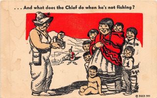 A53/ Native American Indian Postcard Comic C1920 Sex Chief Fishing Kids 27