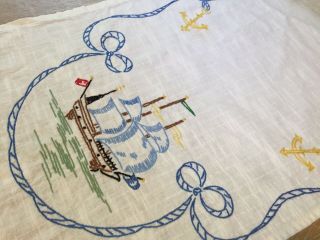 Vintage Linen Table Runner Hand Embroidered,  Nautical,  Ships,  Boats,  39” Long.