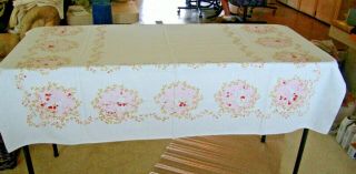 Vintage Cotton Tablecloth Pink Red Olive Green On White 52 " X 44 "