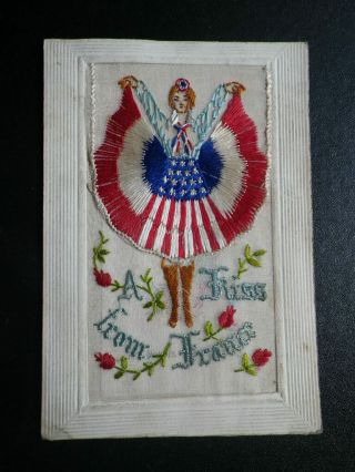 Great Britain Wwi Silk Postcard United States Flag,  Dancing Can Can Girl