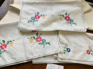 6 Pc Vintage Hand Embroidered Colorful Dresser Scarf Set Yellow Blu Pink Flowers