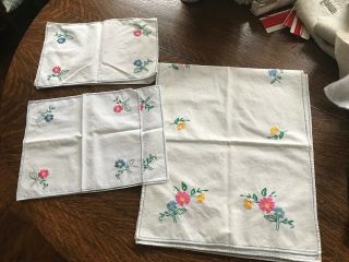 6 pc vintage hand embroidered colorful dresser scarf set yellow blu pink flowers 3