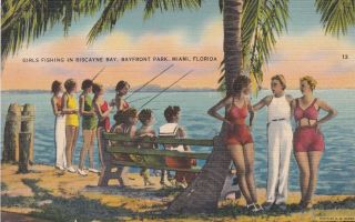 Girls Fishing In Biscayne Bay Miami Florida Postcard 1940 