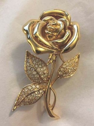 Swarovski Pave Crystal Rhinestone Swan Signed Stem Of Rose Flower Pin Brooch 2.  5