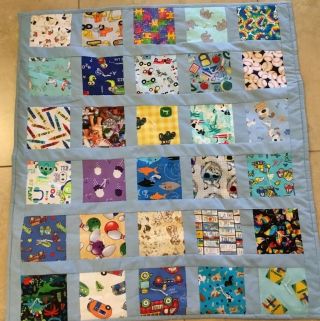 Patchwork Crib Quilt,  Hand Made,  One Patch,  Tied,  Various Prints,  Blue,  Multi