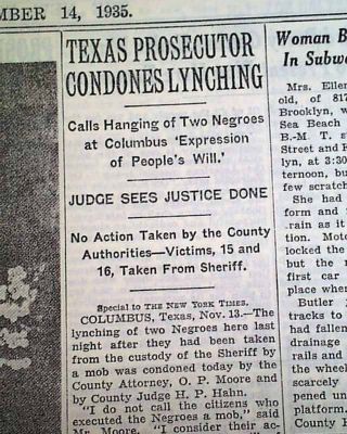 Columbus Tx Colorado County Texas Hanging Tree Negroes Lynchings 1935 Newspaper