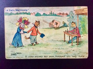 Uk Davidson Postcard Signed Louis Wain Cat’s Matrimony Cancel 1906