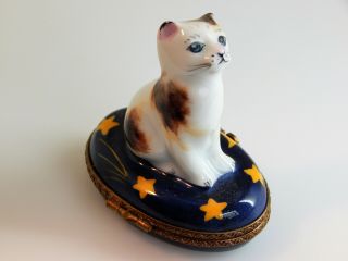 Parry Vielle Limoges France Hinged Trinket Box,  White Cat with Brown and Yellow 2
