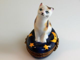 Parry Vielle Limoges France Hinged Trinket Box,  White Cat with Brown and Yellow 3