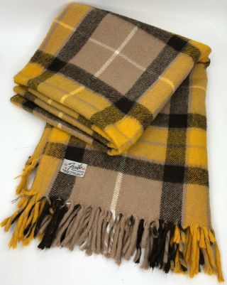 Vintage Faribo Faribault Wool Fringe Throw Blanket Plaid Yellow Brown 62 X 32