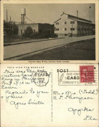 1952 Laurens Glass South Carolina Chrome Postcard Graycraft Card Co.