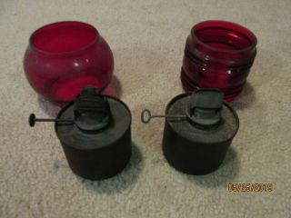 Two Antique Oil Lamp Ruby Red Glass Globes And Two Burners