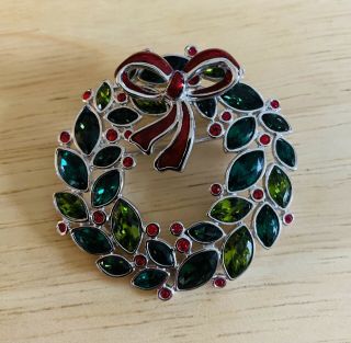 Swarovski Swan Signed Stained Glass Christmas Wreath Brooch Pin