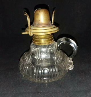 Clear Glass Oil Lamp Double Ribbed Ovals Small Vintage Applied Handle Miniature