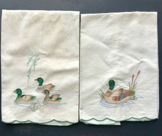 Two Vintage Tea Hand Towels Embroidered Duck Mallard Mom Babies