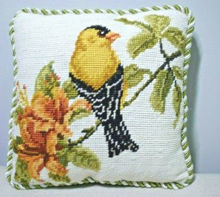 American Goldfinch Perched On Lily Stem 9.  5 " Square Needlepoint Pillow Vintage