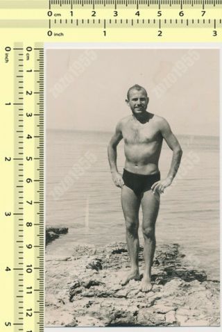 Shirtless Man On Beach,  Beefcake Guy Trunks Bulge Gay Int Old Photo