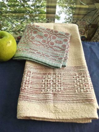 Vintage Hand Woven Thick Textured Cotton Dusty Pink Bath Towel & Blue Washcloth