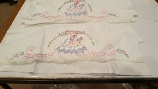 Vintage Hand Embroidered Pillowcases Set With Crocheted Edge Southern Belle