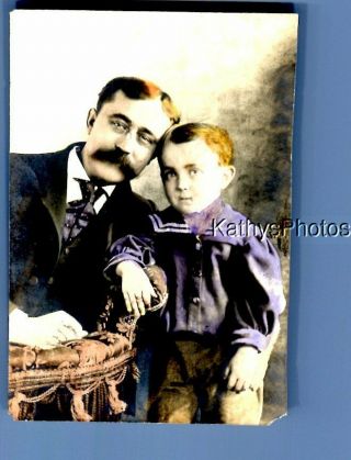 Found B&w Photo A_7751 Hand Colored Portrait Of Man And Child