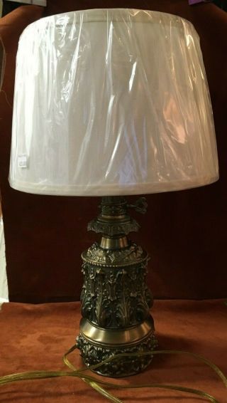 Vintage Antique Brass Finish Embossed Ornate Table Lamp With Floral Scroll Leaf