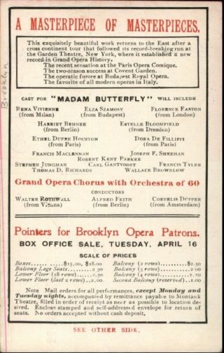 Madam Butterfly Brooklyn NY Opera theatre Promo c1900 Card/PC 2