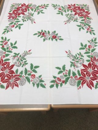 Vintage Pointsettia Christmas Printed 1950 - 60’s Tablecloth 46 " X 63 " Cotton