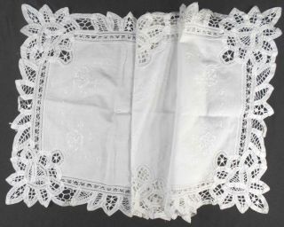 Vintage White Linen Table Runner,  Dresser Scarf Tape Lace,  White Work Embroidery