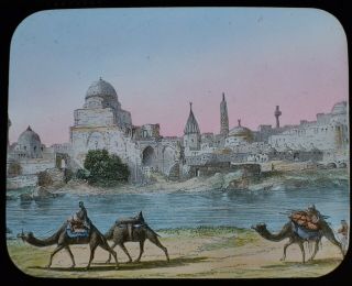 Antique Magic Lantern Slide Mosul Across The Tigris C1890 Victorian Drawing Iraq