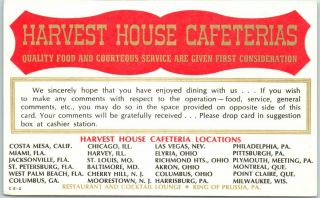 Vintage Advertising Postcard Harvest House Cafeterias Restaurant / Comment Card