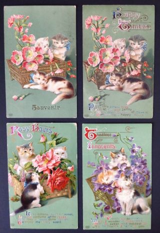 Vintage Eas Pub.  Cat Postcards (4) Cats With Flower Baskets,  Pretty Green Bkgrnd