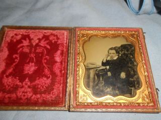 Very Elaborate Gold Frame With Tintype Of Boy Child In Sunday Best Full Case