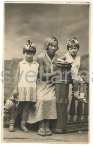 1930s Three Girls Women Mother Kids Two Little Sisters Russian Su Vintage Photo
