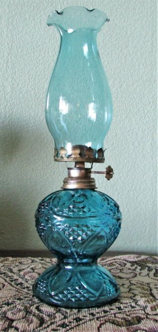 Vintage Small Blue Glass Hurricane Oil Lamp Ruffled Top Chimney 12 " Hong Kong Ec