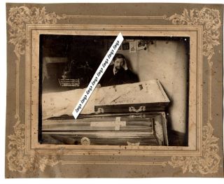 Early 1900 Lady Post Mortem Open Coffin Man Antique Large Photo On Cardboard