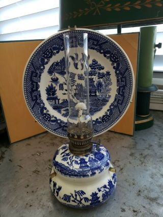 Vintage Blue Willow Oil Lamp 8 1/2 " W/ Wall Hanging Reflector Plate